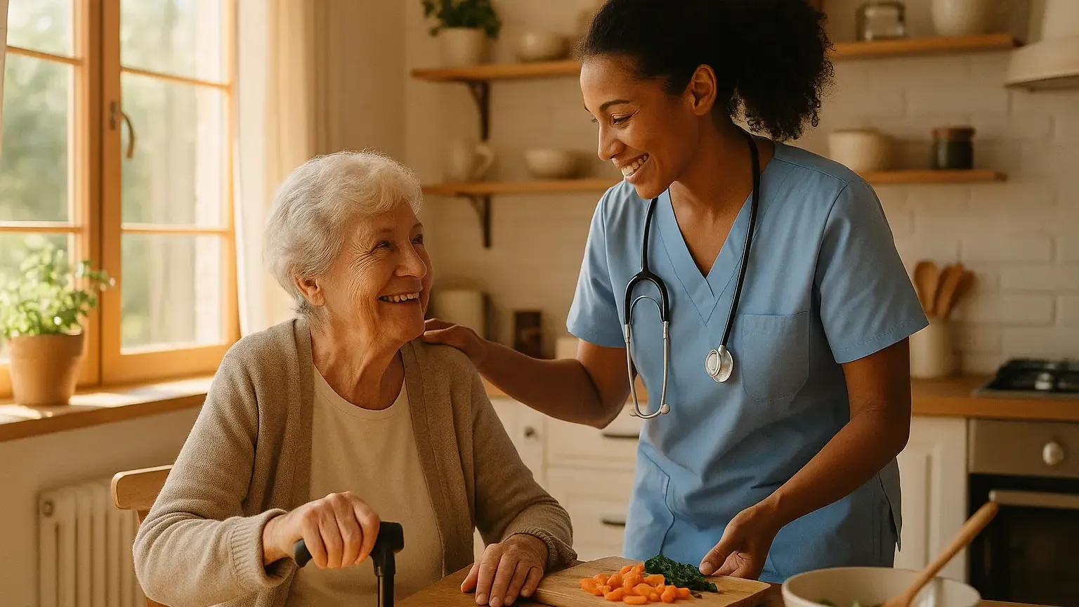 A home care aide supporting an older adult in a sunlit living room.